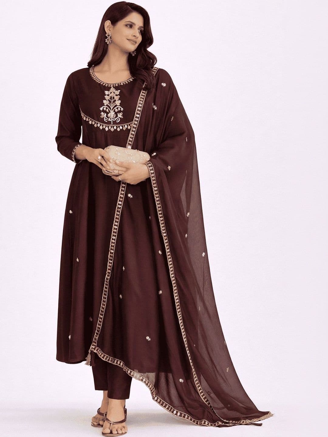 KALINI Women Ethnic Motifs Embroidered Panelled Thread Work Chanderi Cotton Kurta with Trousers & With - view 1