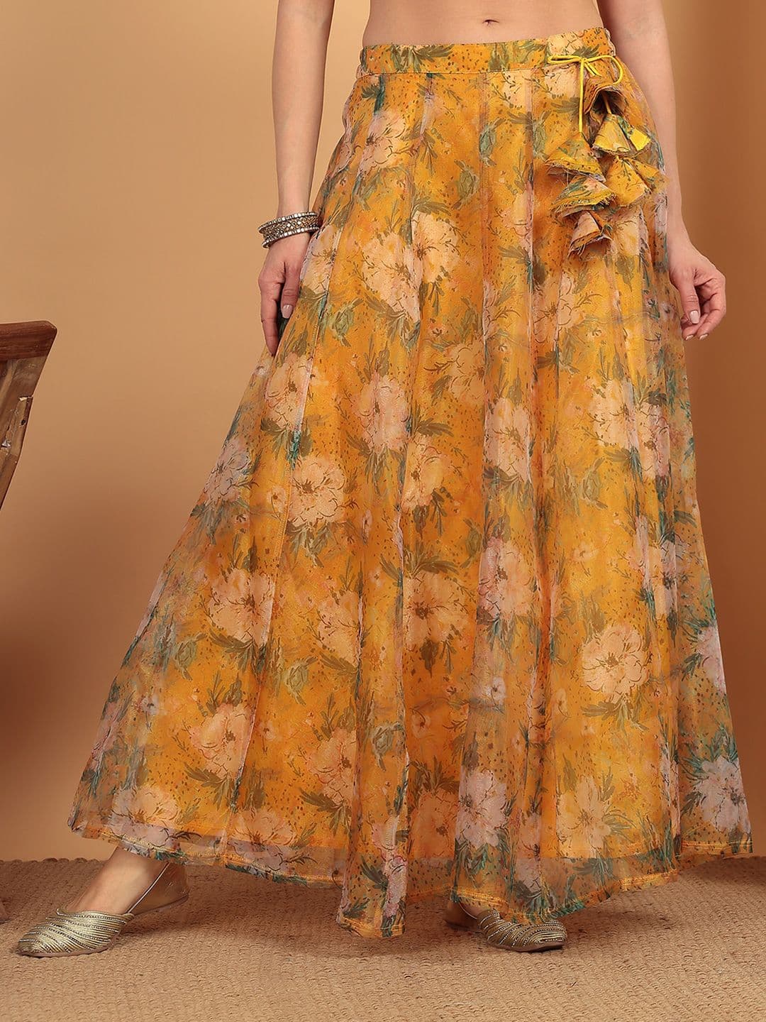 Frolic Rolic Yellow Floral Printed Organza Maxi Skirt - view 1