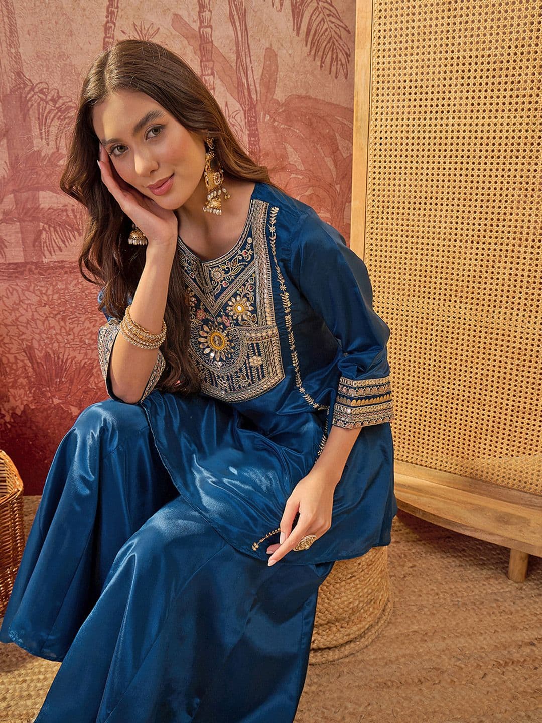 Sangria Embroidered  Round Neck Kurta & Palazzos thumbnail 6