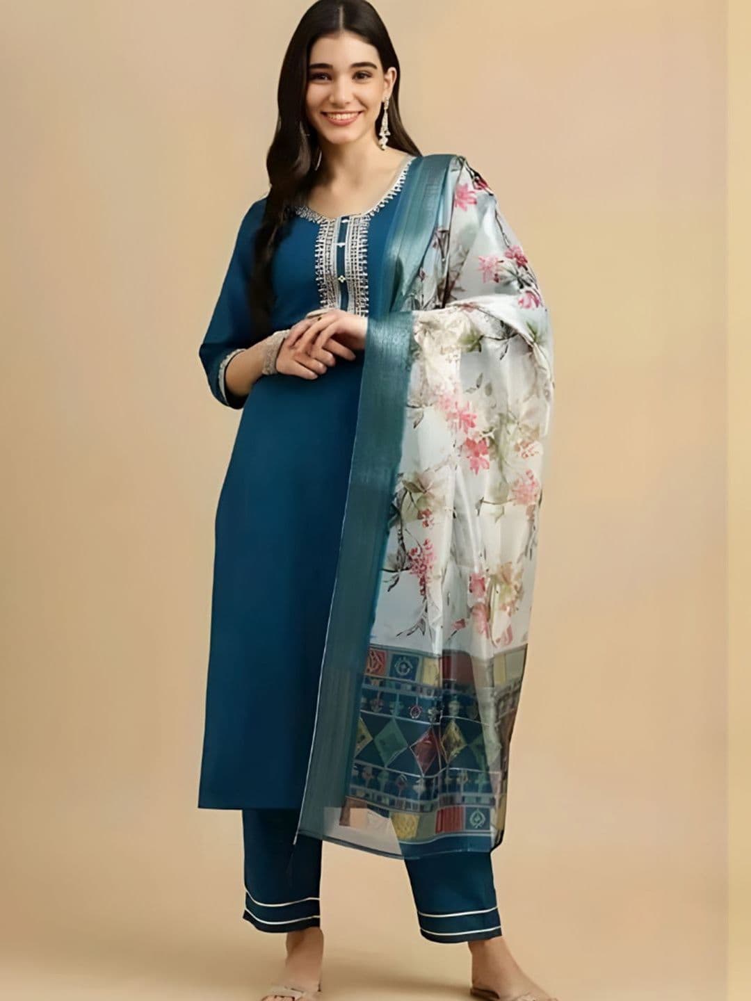 HERE&NOW Women Floral Embroidered Regular Thread Work Pure Cotton Kurta with Trousers & With Dupatta - view 1