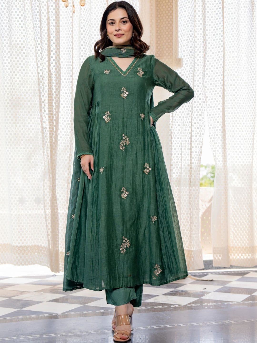 KALINI Women Ethnic Motifs Embroidered Empire Thread Work Kurta with Trousers & With Dupatta thumbnail 3