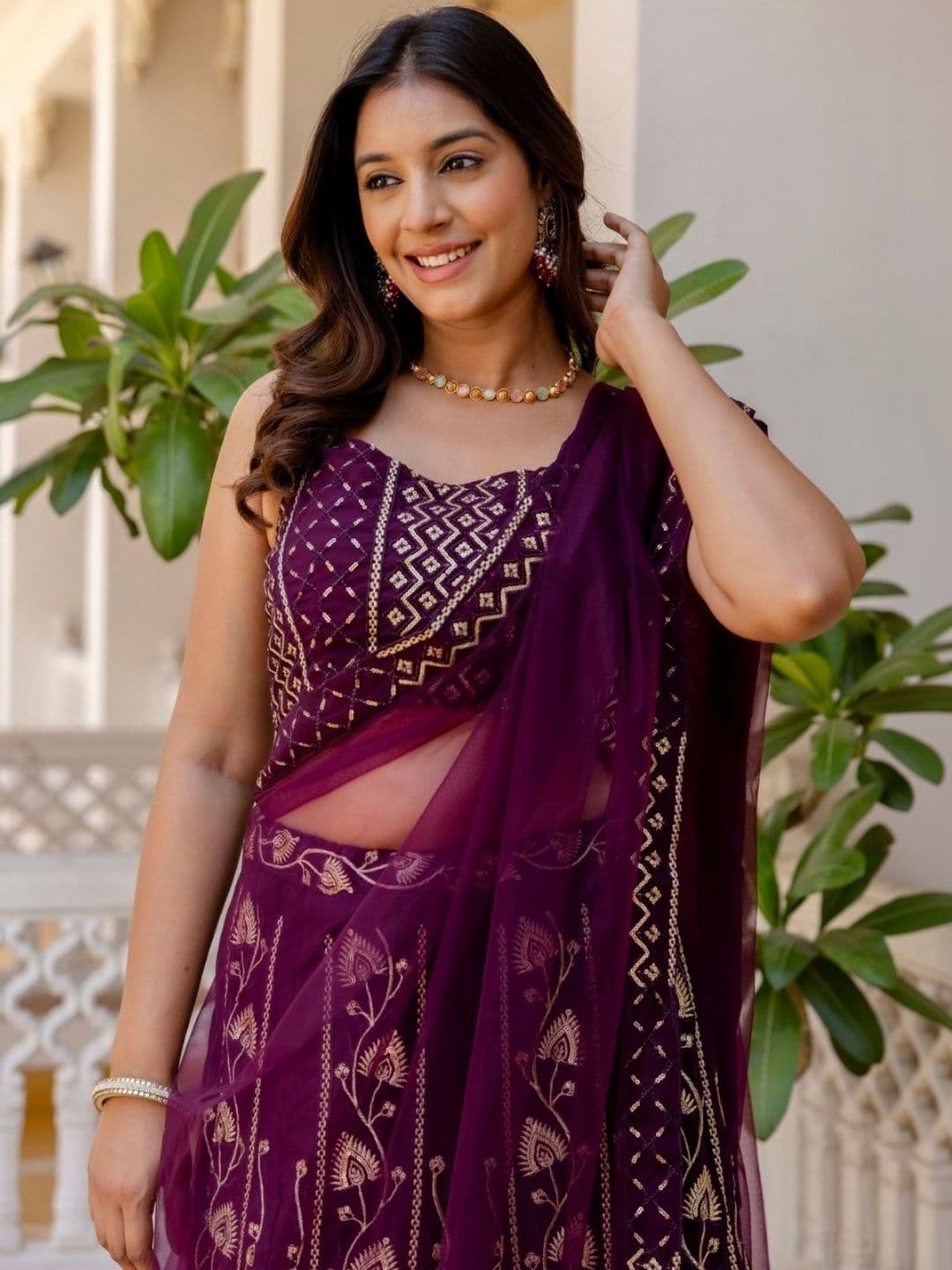 ODETTE Embroidered Semi-Stitched Lehenga & Blouse With Dupatta thumbnail 3