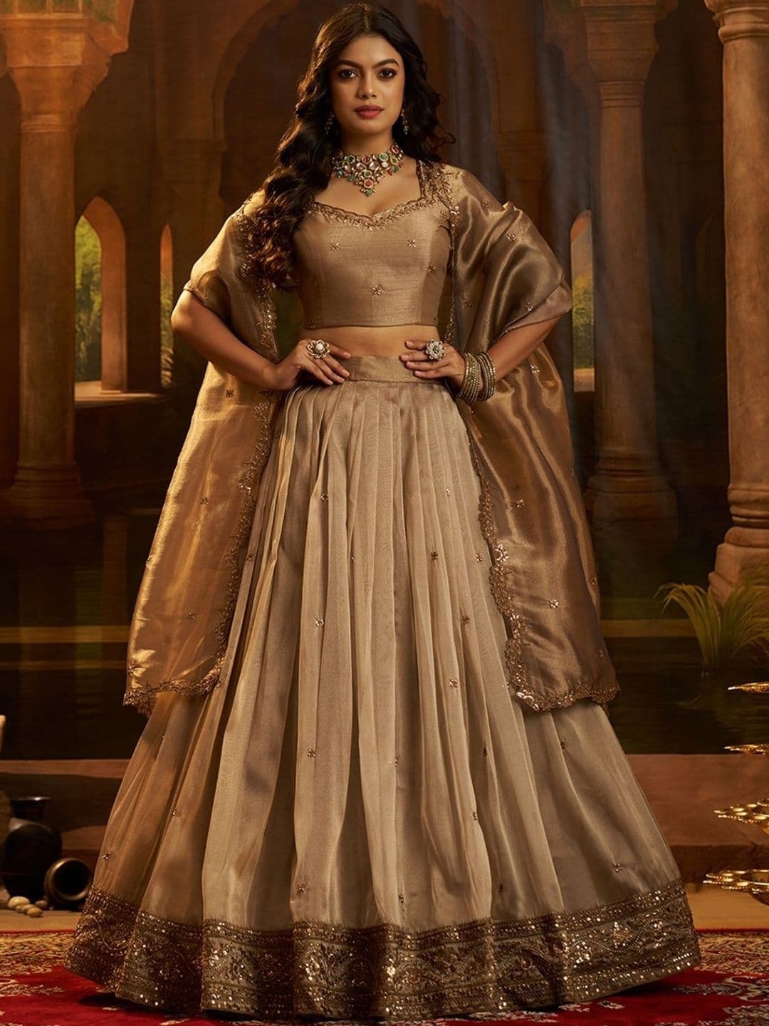 ODETTE Embroidered Semi-Stitched Lehenga & Blouse With Dupatta - view 1