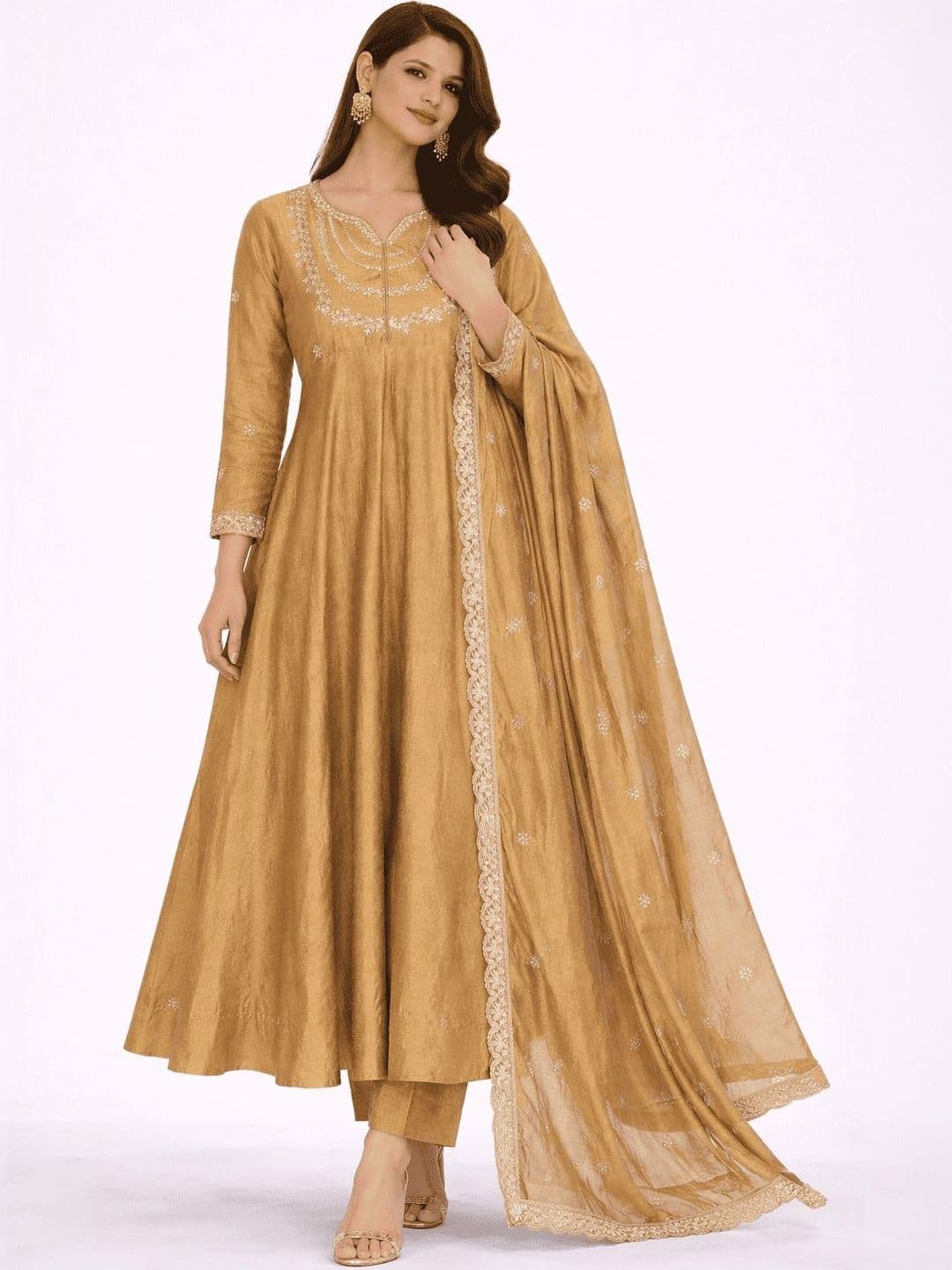 KALINI Women Ethnic Motifs Embroidered Regular Thread Work Chanderi Cotton Kurta with Trousers & With Dupatta - view 1