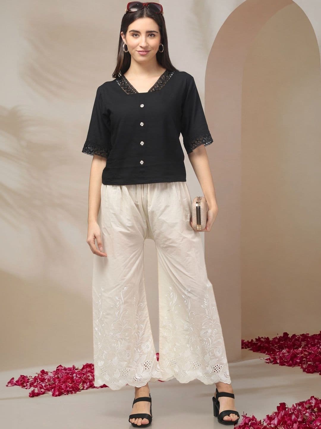 KGFONECLOTH Women Floral Embroidered Flared Knitted Ethnic Palazzos thumbnail 5