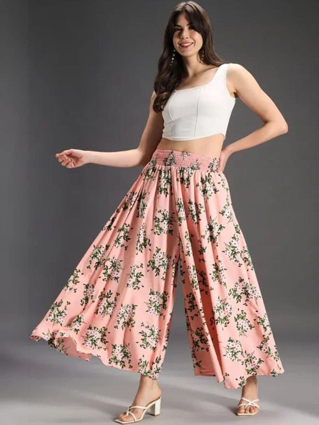Pink Formal Women Floral Printed Knitted Crepe Flared Palazzos thumbnail 5