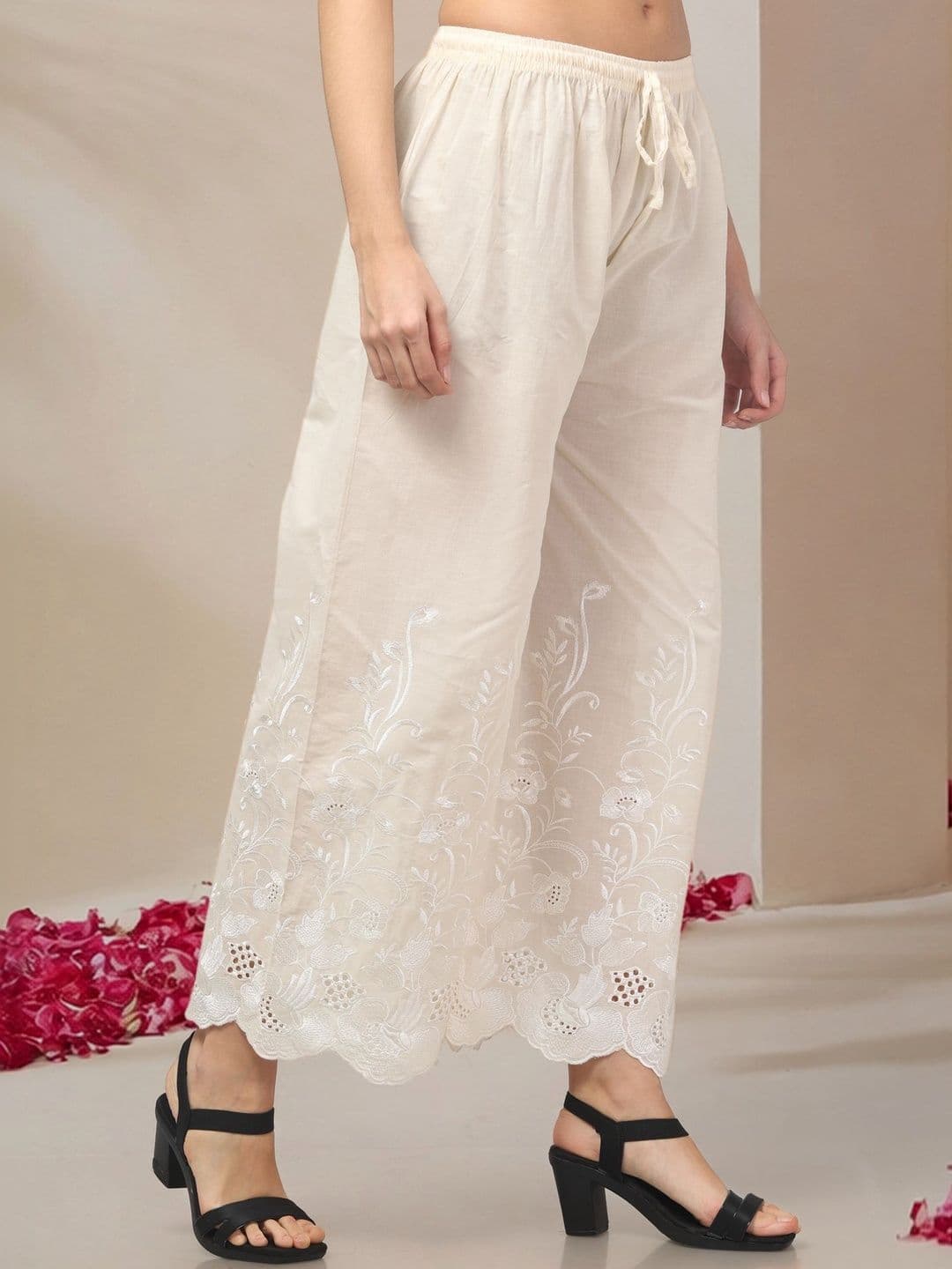 KGFONECLOTH Women Floral Embroidered Flared Knitted Ethnic Palazzos thumbnail 6