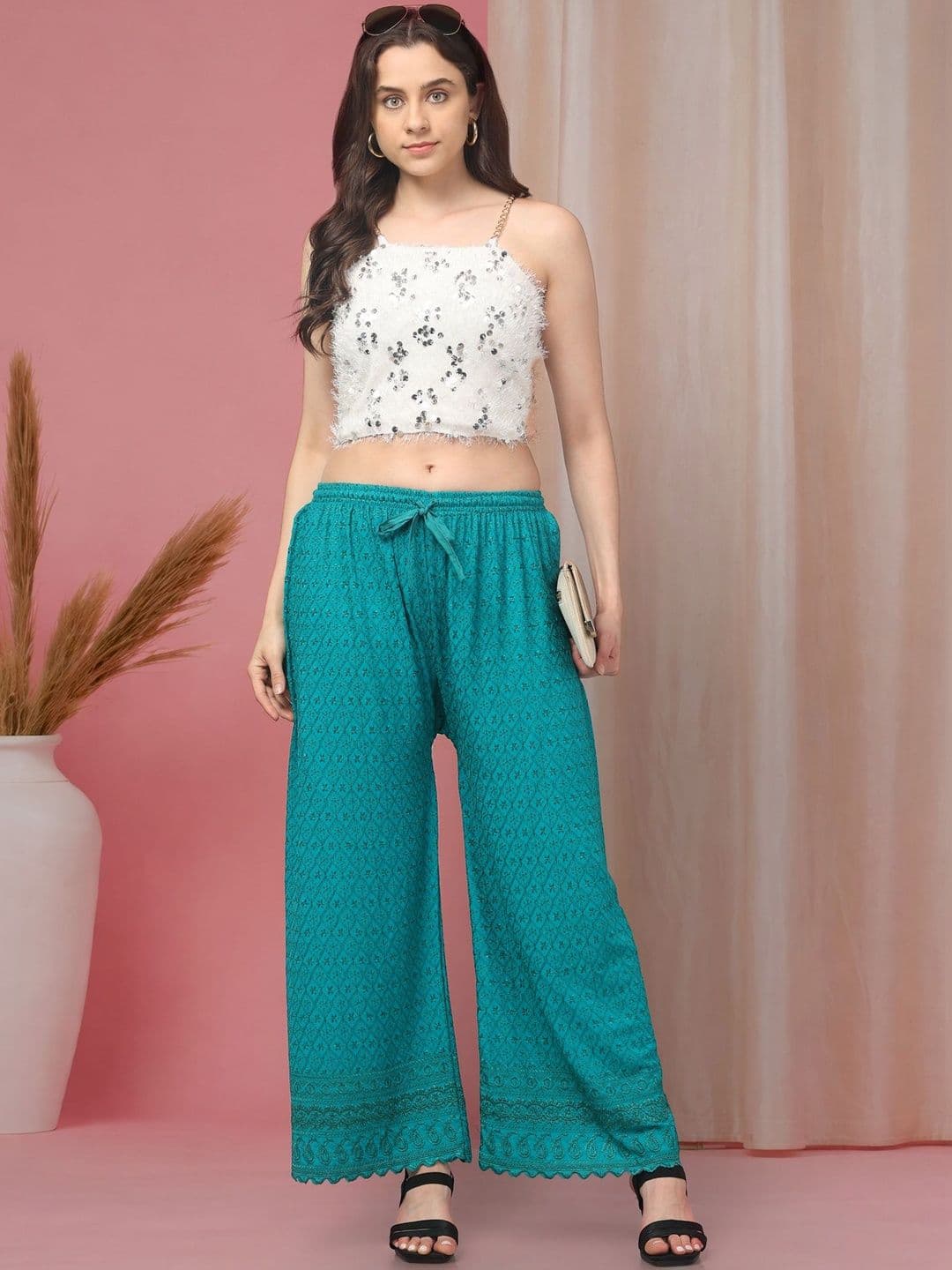 KGFONECLOTH Women Ethnic Motifs Embroidered Knitted Ethnic Palazzos thumbnail 4