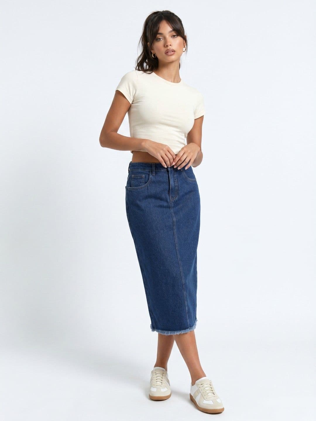 glitchez Women Back Slit Midi Straight Denim Skirt thumbnail 2