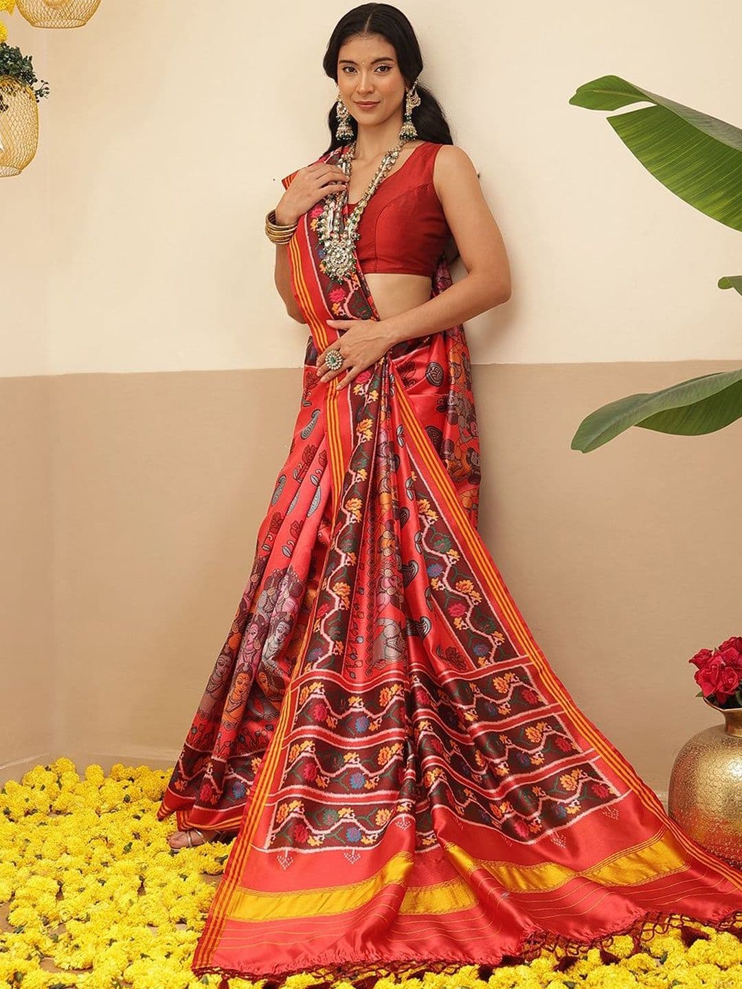 Silk Land Ethnic Motifs Printed Zari Silk Blend Patola Saree - view 1