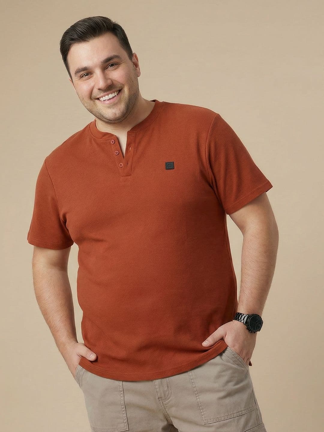 Sztori Plus Size Henley Neck Pure Cotton T-shirt thumbnail 2