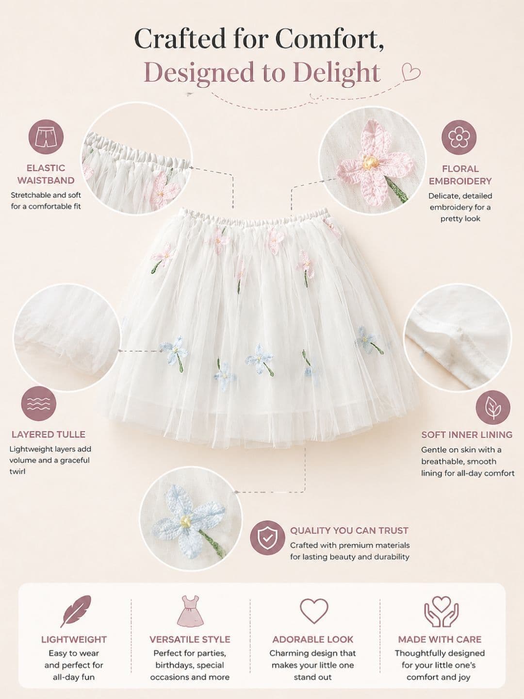 YK Girls Net Embellished Frills Bows and Ruffles Above Knee Flared Skirt thumbnail 2