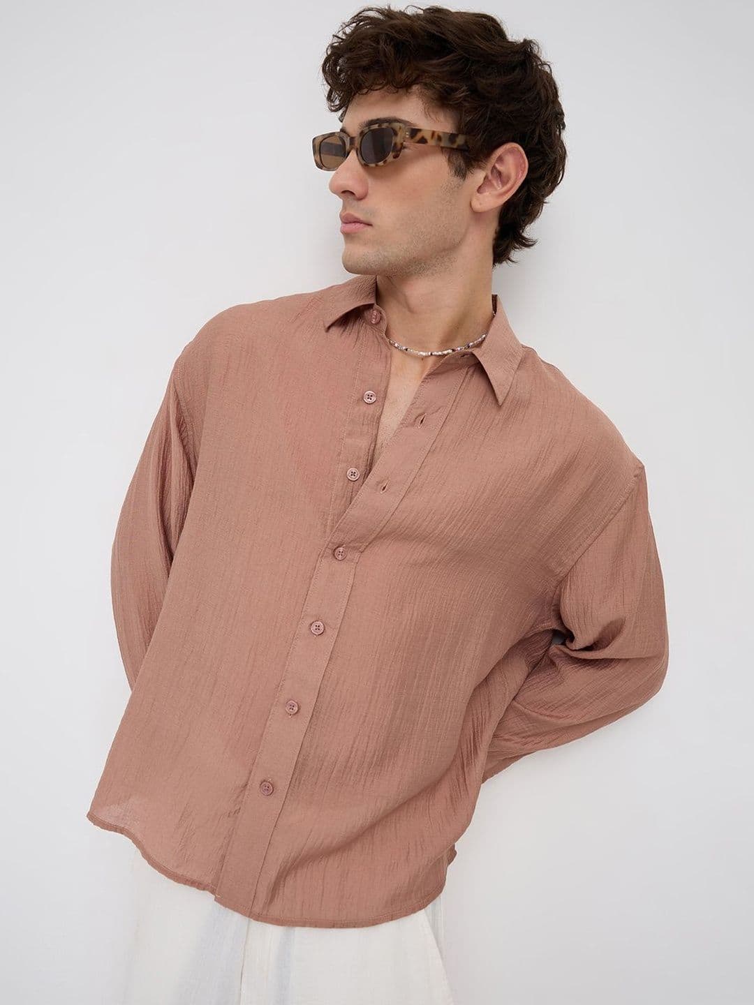 VASTRADO Burnt Clay Sheen Crinkled Boxy Fit Crop Shirt - view 1
