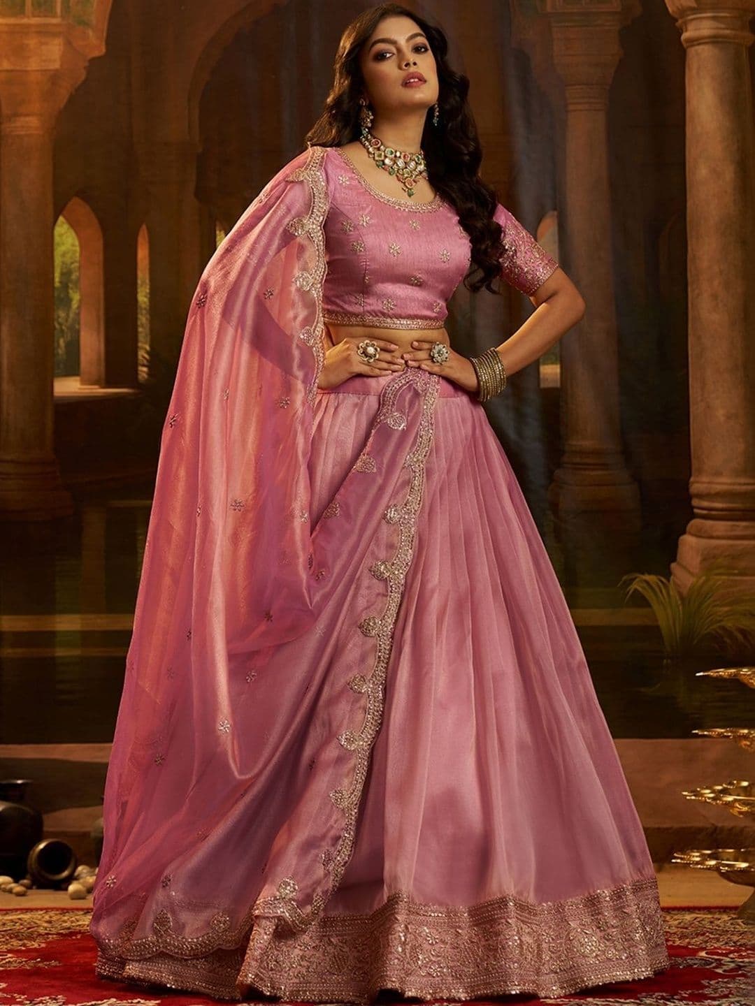 ODETTE Embroidered Thread Work Semi-Stitched Lehenga & Blouse With Dupatta - view 1