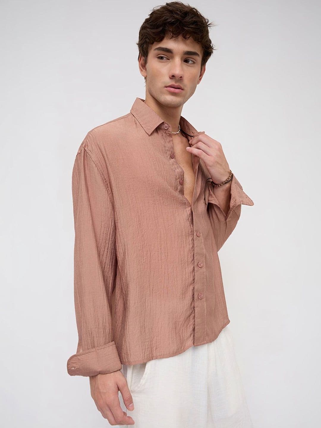 VASTRADO Burnt Clay Sheen Crinkled Boxy Fit Crop Shirt thumbnail 2