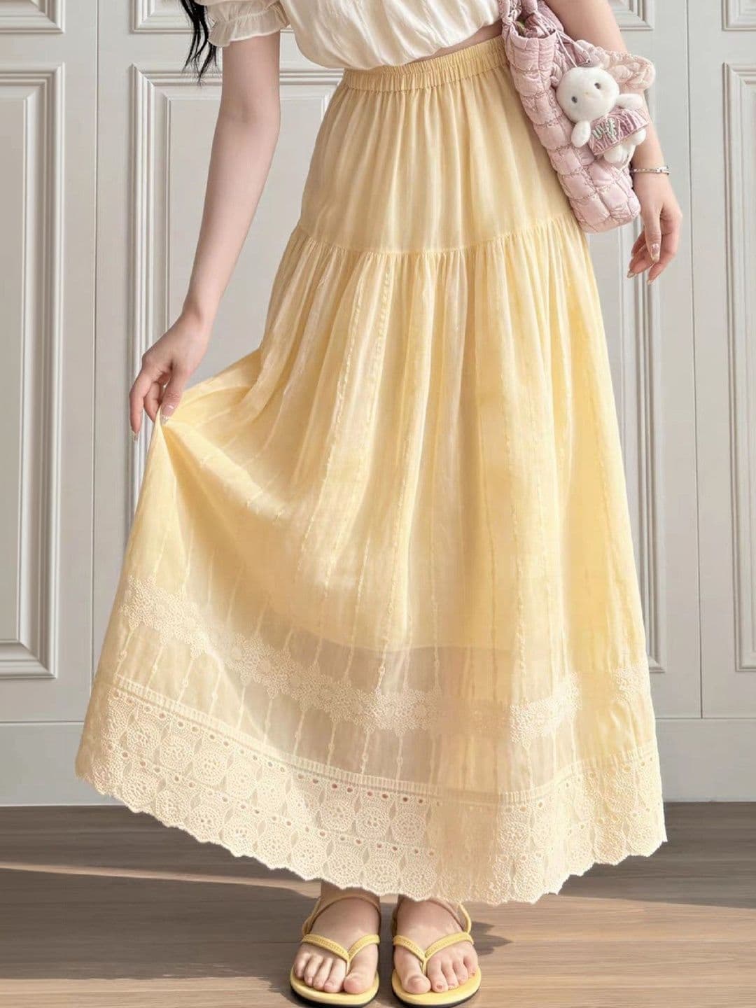 POLLOLOCO Women Cotton Cotton Cambric Self Design Tiered Midi Tiered Skirt thumbnail 4