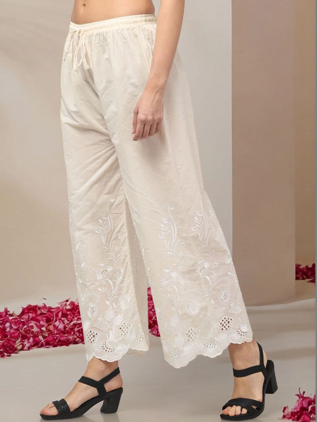 KGFONECLOTH Women Floral Embroidered Flared Knitted Ethnic Palazzos thumbnail 2
