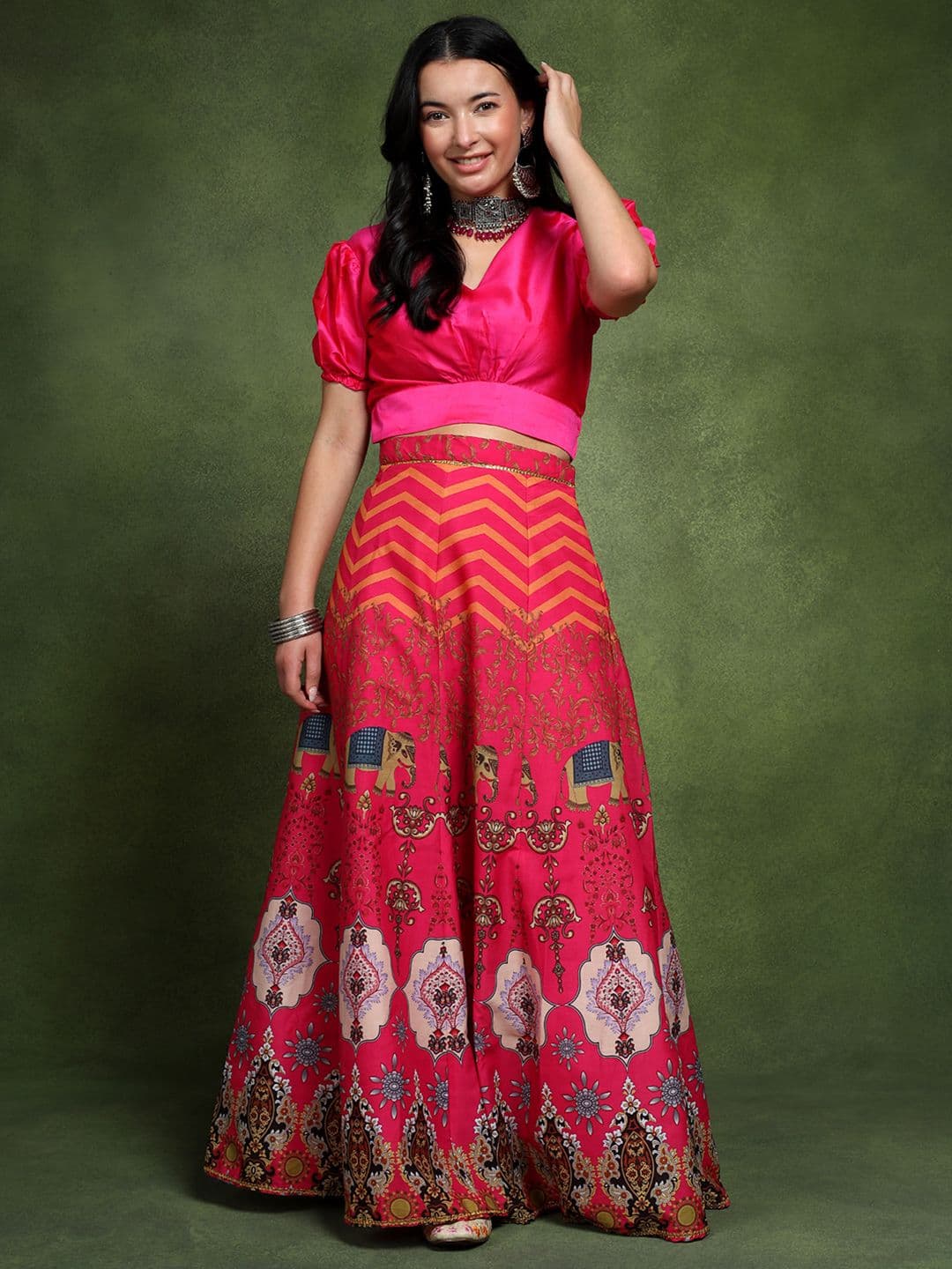 Frolic Rolic Pink Ethnic Printed Silk Blend Maxi Skirt thumbnail 4
