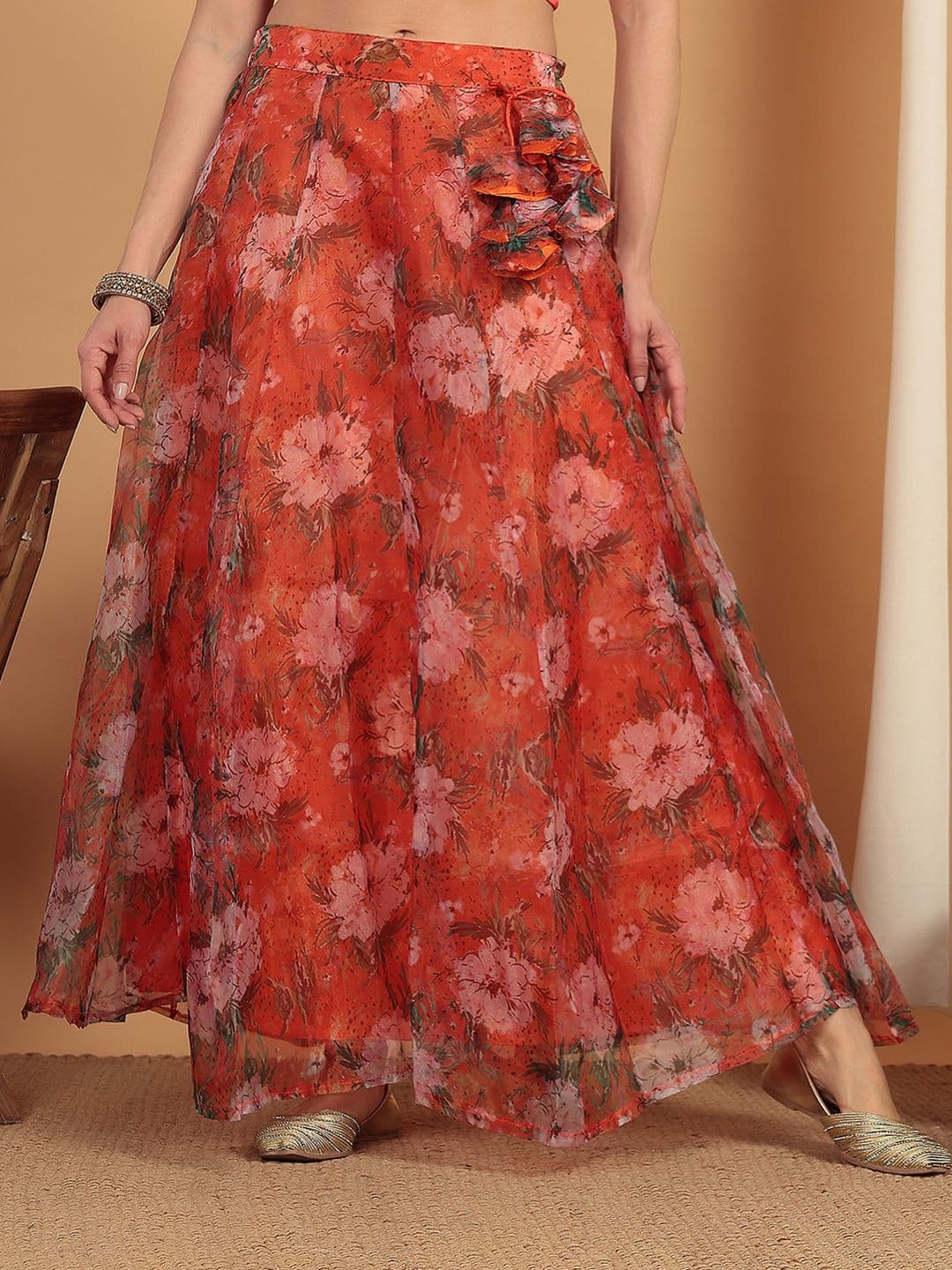 Frolic Rolic Orange Floral Printed Organza Maxi Skirt - view 1