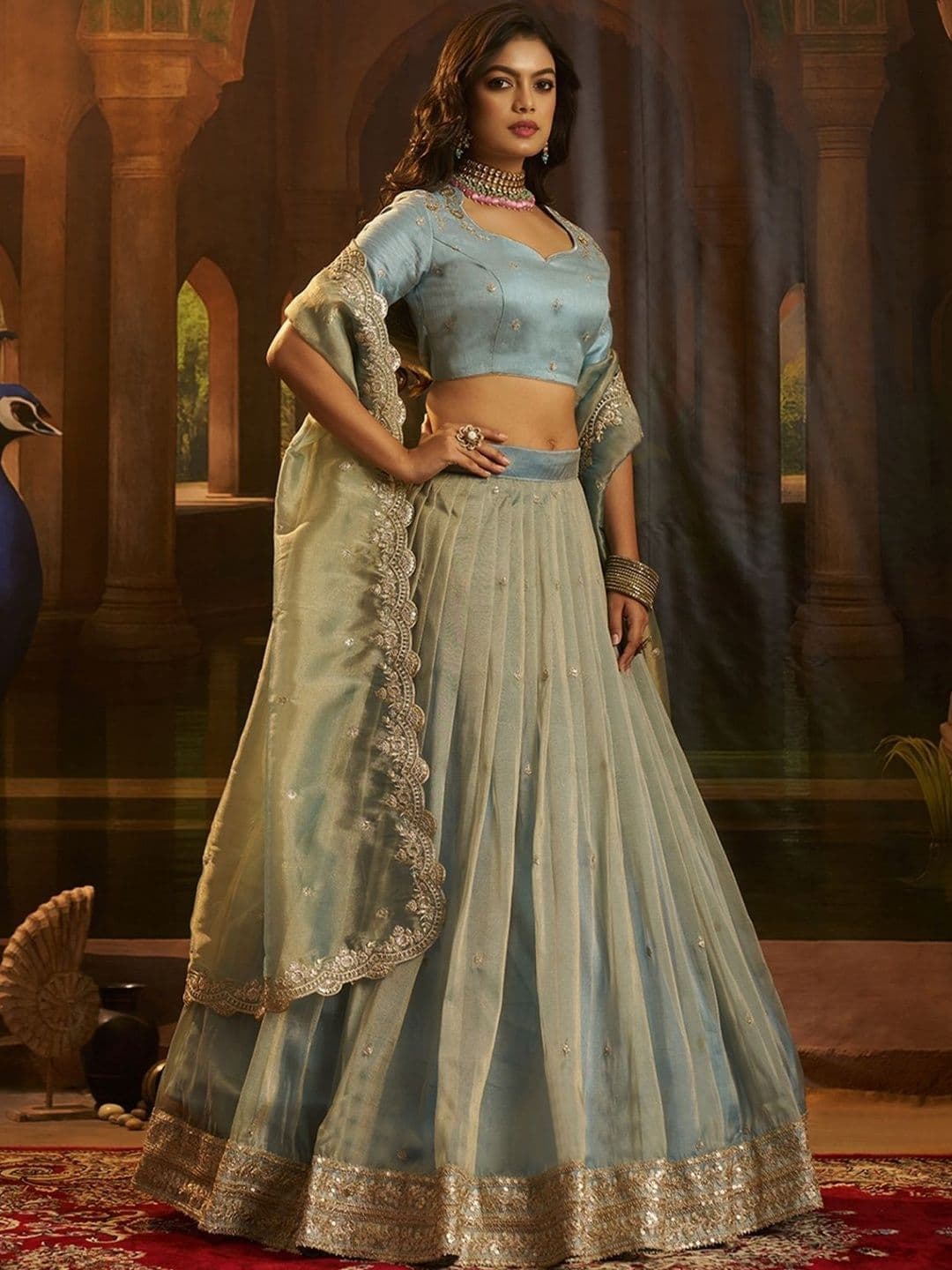 ODETTE Embroidered Semi-Stitched Lehenga & Blouse With Dupatta thumbnail 4