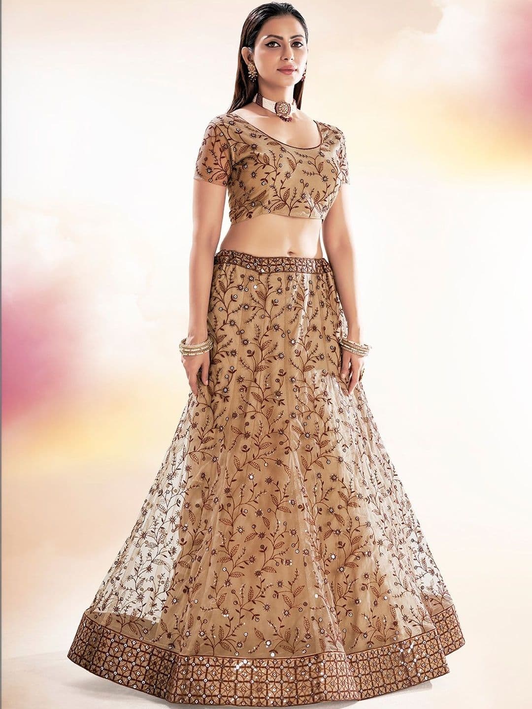 House of Pataudi Embroidered Round Neck Flared Lehenga Choli thumbnail 3