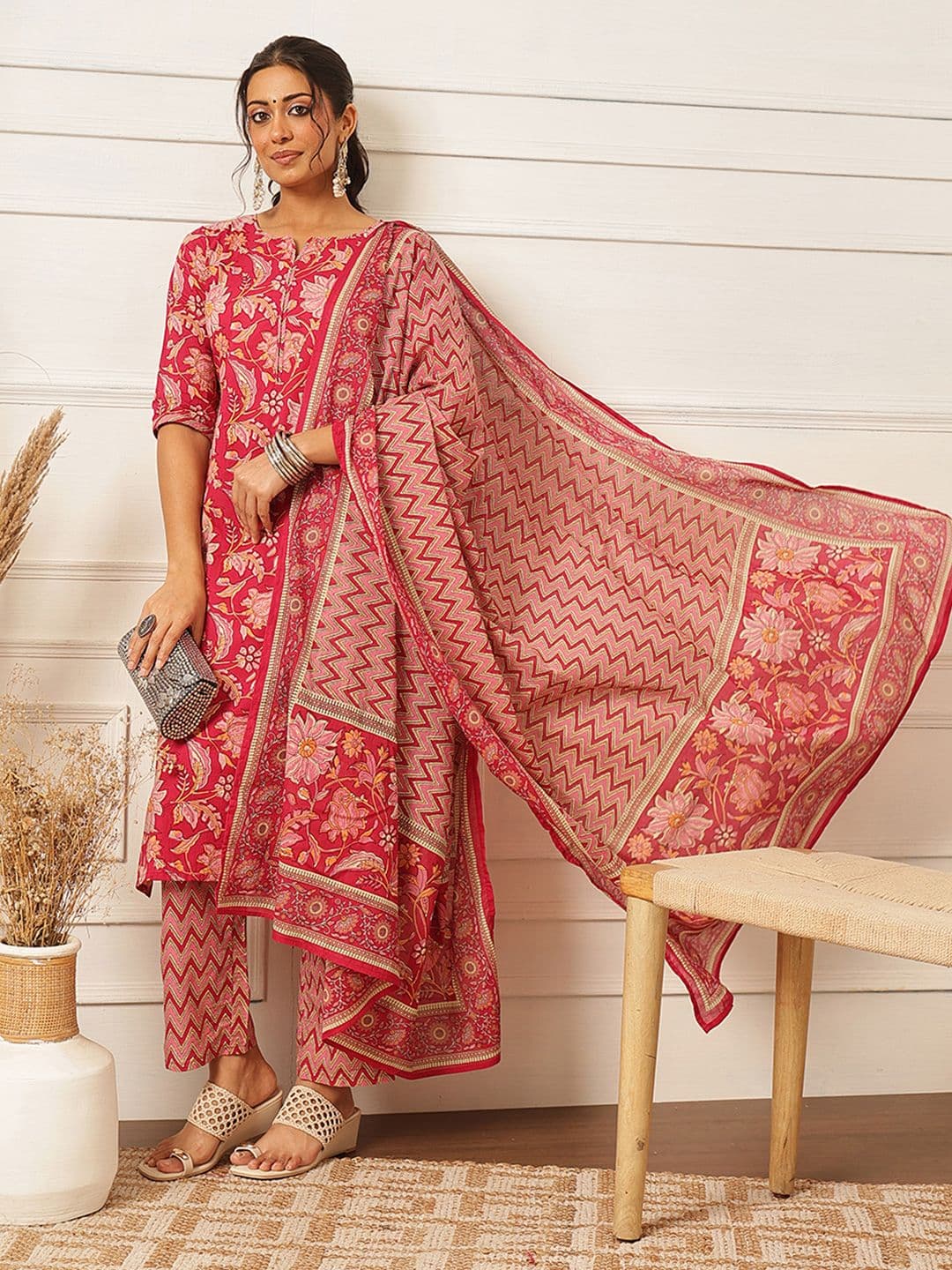 Ginni Arora Label Women Floral Printed Regular Pure Cotton Kurta with Trousers & With Dupatta - view 1