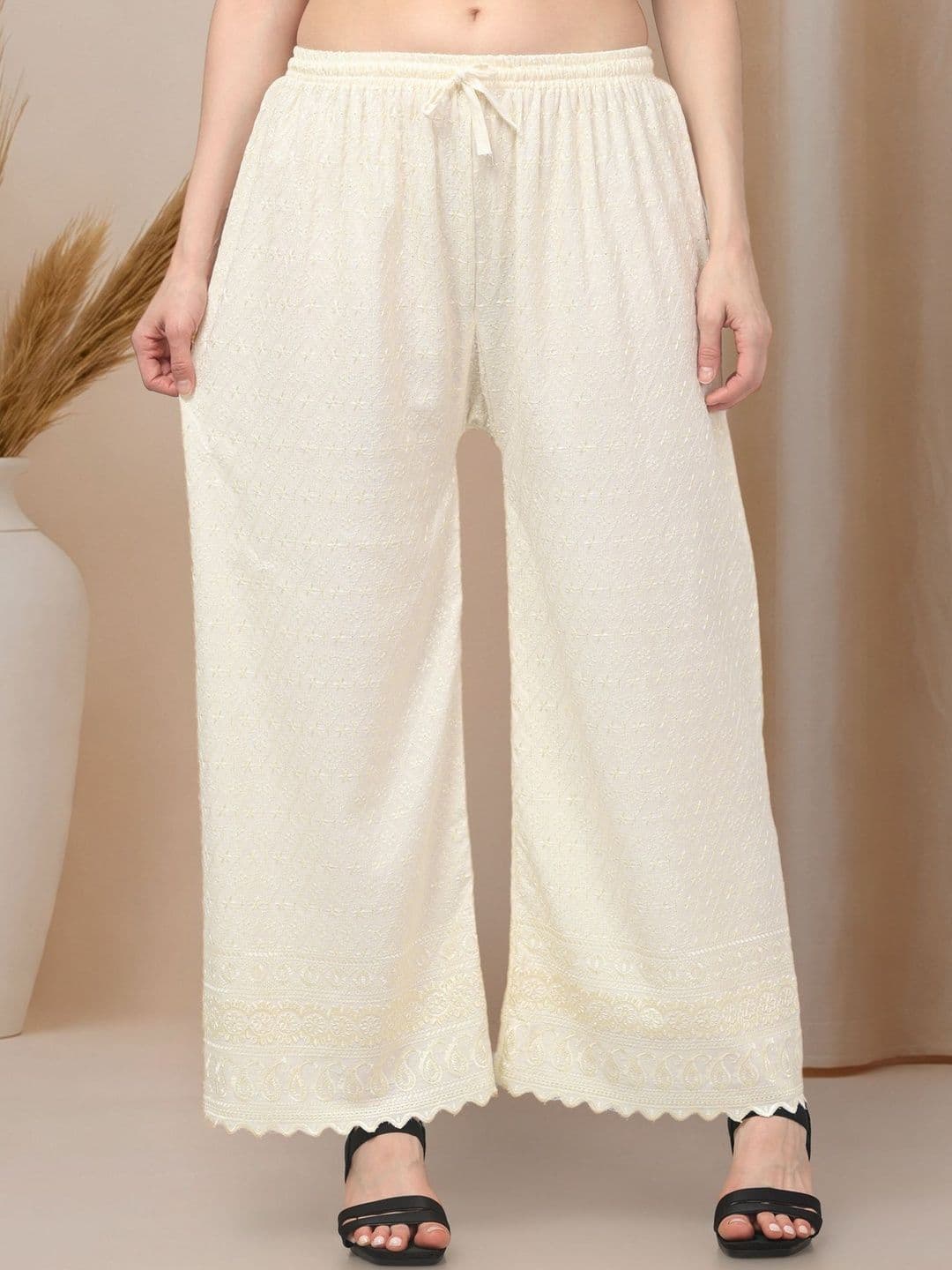 KGFONECLOTH Women Ethnic Motifs Embroidered Knitted Ethnic Palazzos thumbnail 2