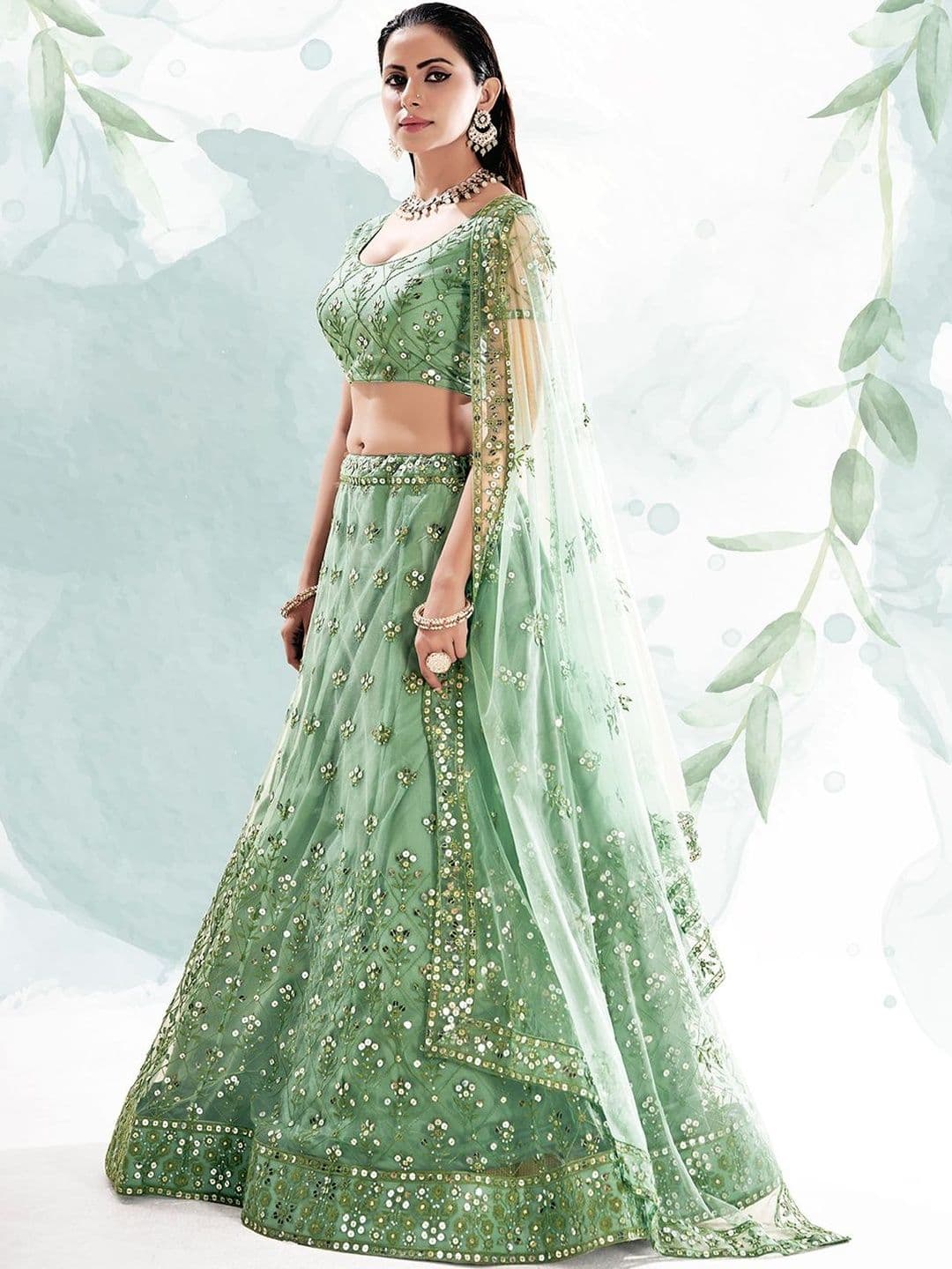 House of Pataudi Embroidered Net Round Neck Flared Lehenga Choli thumbnail 2
