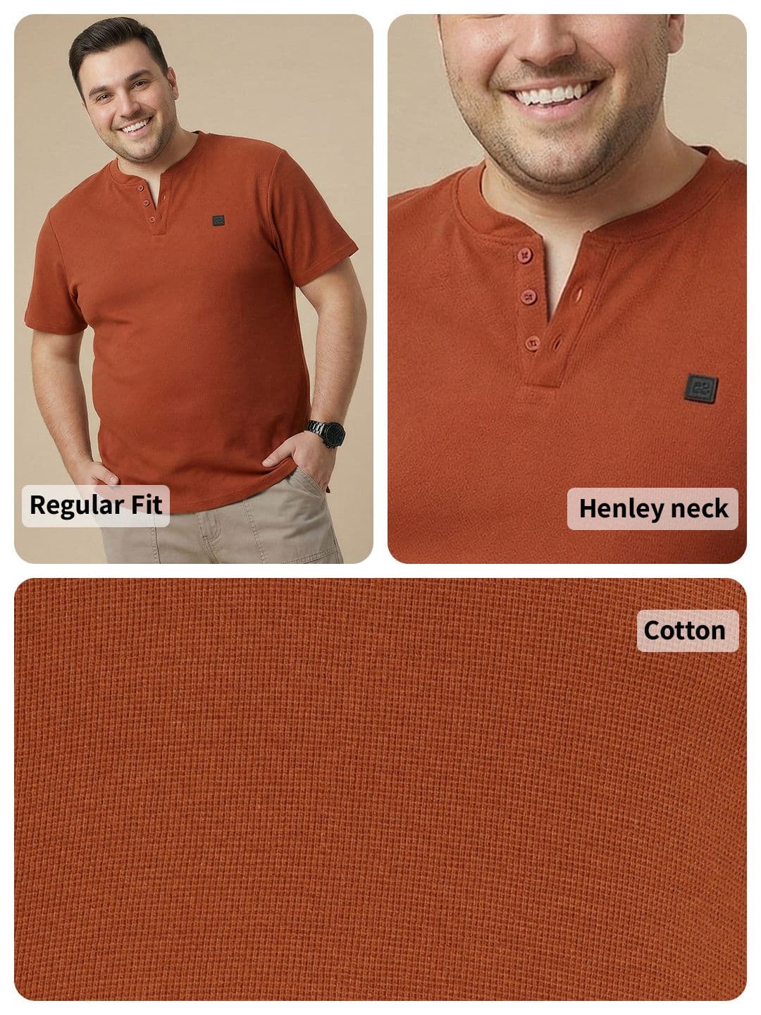 Sztori Plus Size Henley Neck Pure Cotton T-shirt thumbnail 3