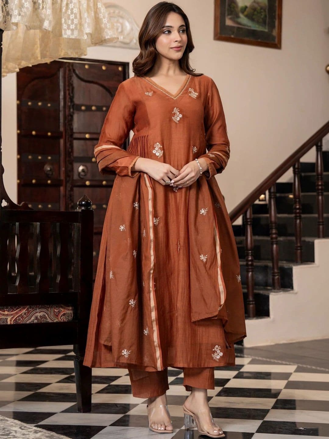 KALINI Women Ethnic Motifs Embroidered Tiered Thread Work Kurta with Trousers & With Dupatta thumbnail 4