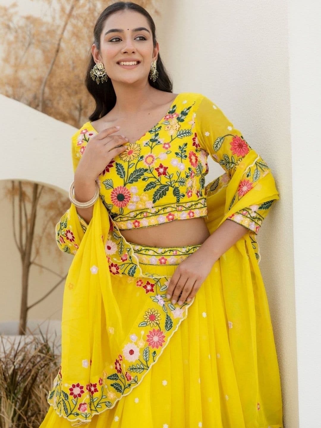 ODETTE Embroidered Thread Work Semi-Stitched Lehenga & Blouse With Dupatta thumbnail 4