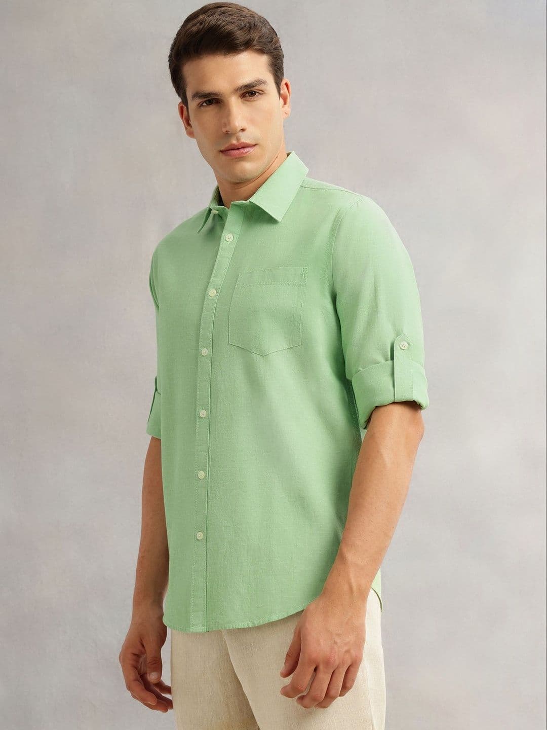 Thomas Scott Men Slim Fit Long Roll-Up Sleeves Spread Collar Solid Linen Casual Shirt thumbnail 7