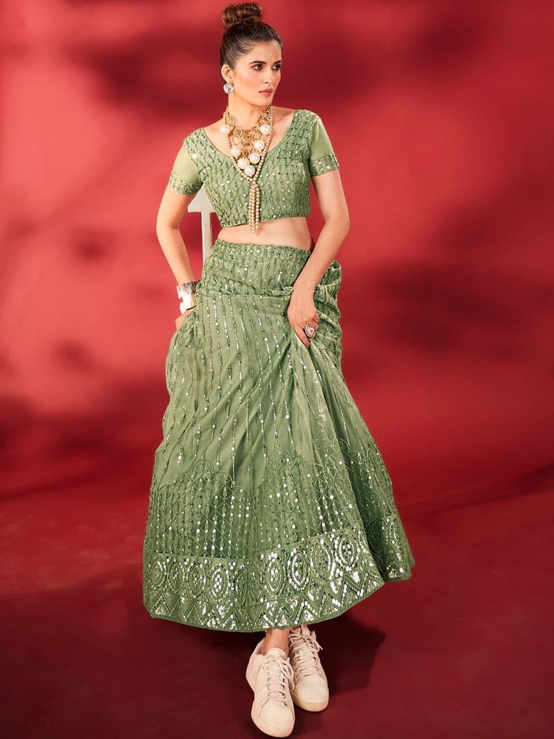 House of Pataudi Embroidered Round Neck Flared Lehenga Choli thumbnail 5