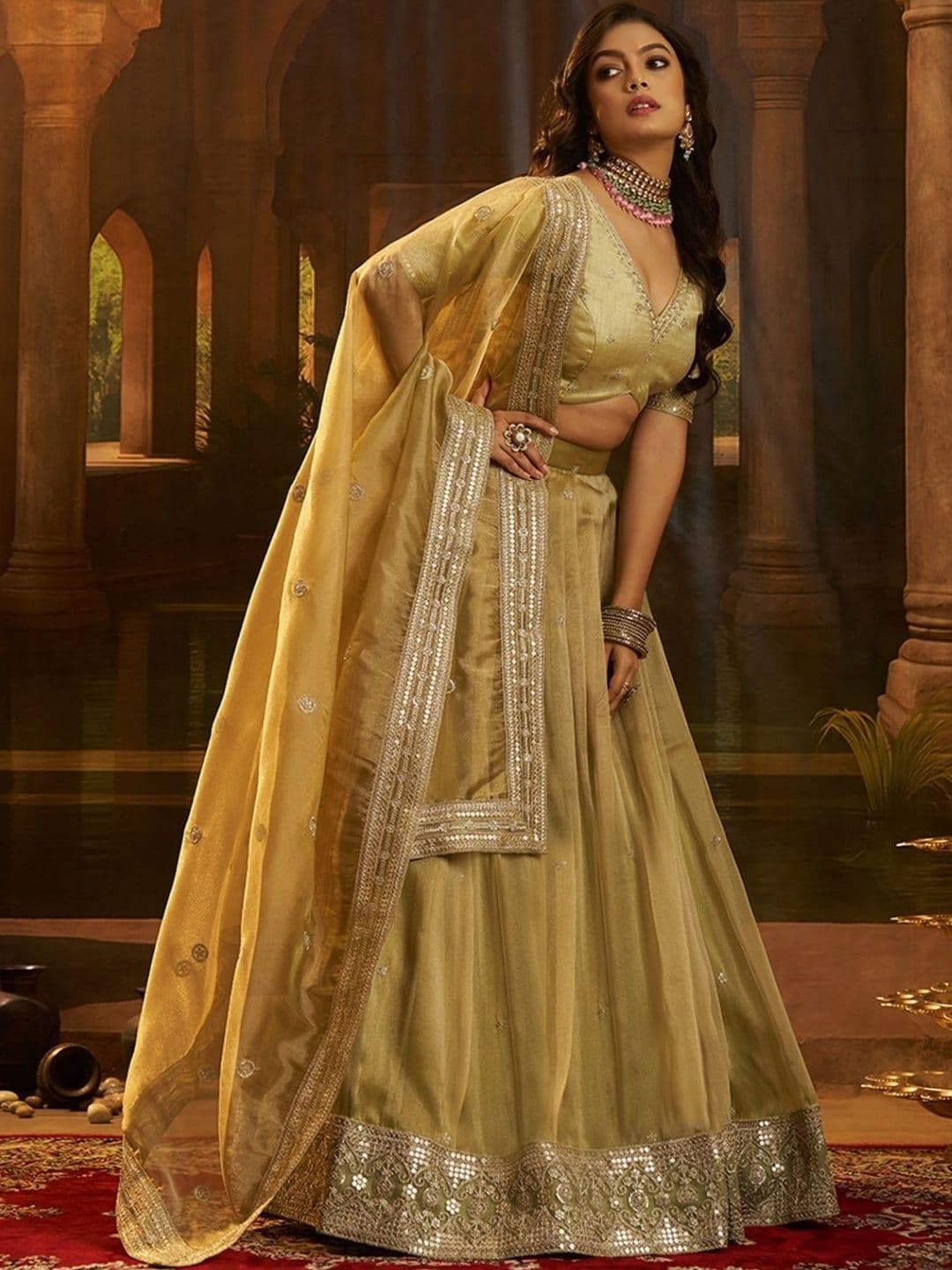 ODETTE Embroidered Semi-Stitched Lehenga & Blouse With Dupatta thumbnail 2