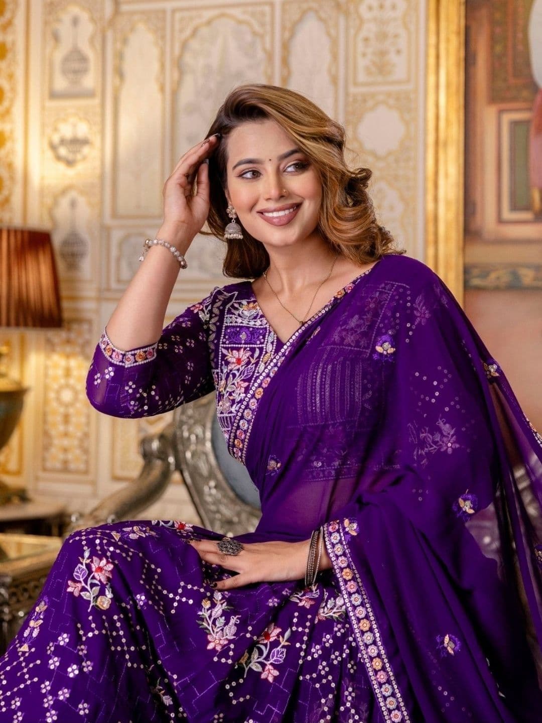 ODETTE Embroidered Thread Work Semi-Stitched Lehenga & Blouse With Dupatta thumbnail 2