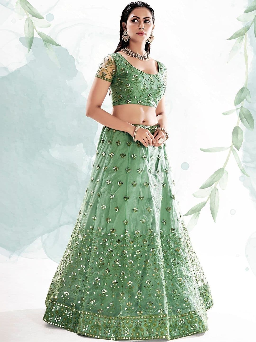 House of Pataudi Embroidered Net Round Neck Flared Lehenga Choli thumbnail 5