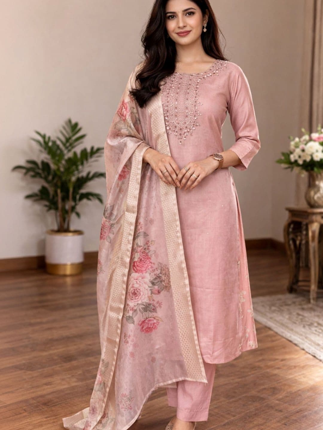 HERE&NOW Women Floral Embroidered Regular Thread Work Kurta with Trousers & With Dupatta - view 1