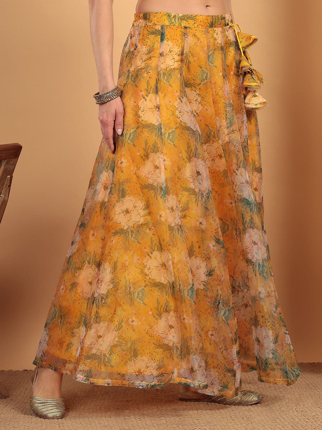 Frolic Rolic Yellow Floral Printed Organza Maxi Skirt thumbnail 6