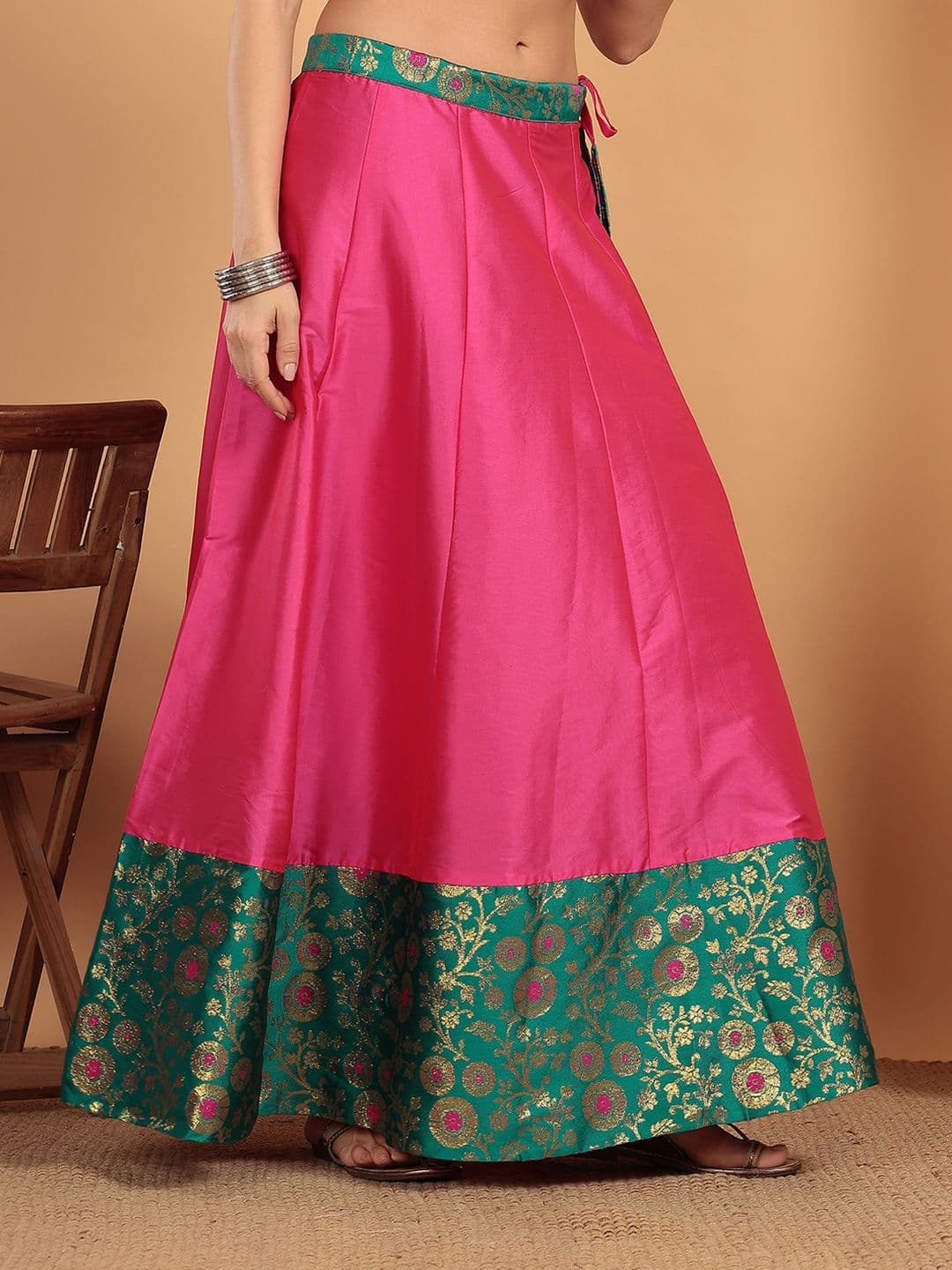 Frolic Rolic Pink & Green Floral Jacquard border Silk Maxi Skirt thumbnail 6
