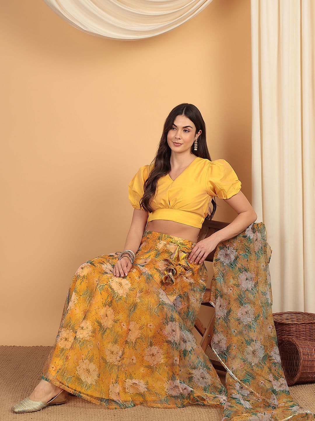 Frolic Rolic Yellow Floral Printed Organza Maxi Skirt thumbnail 4