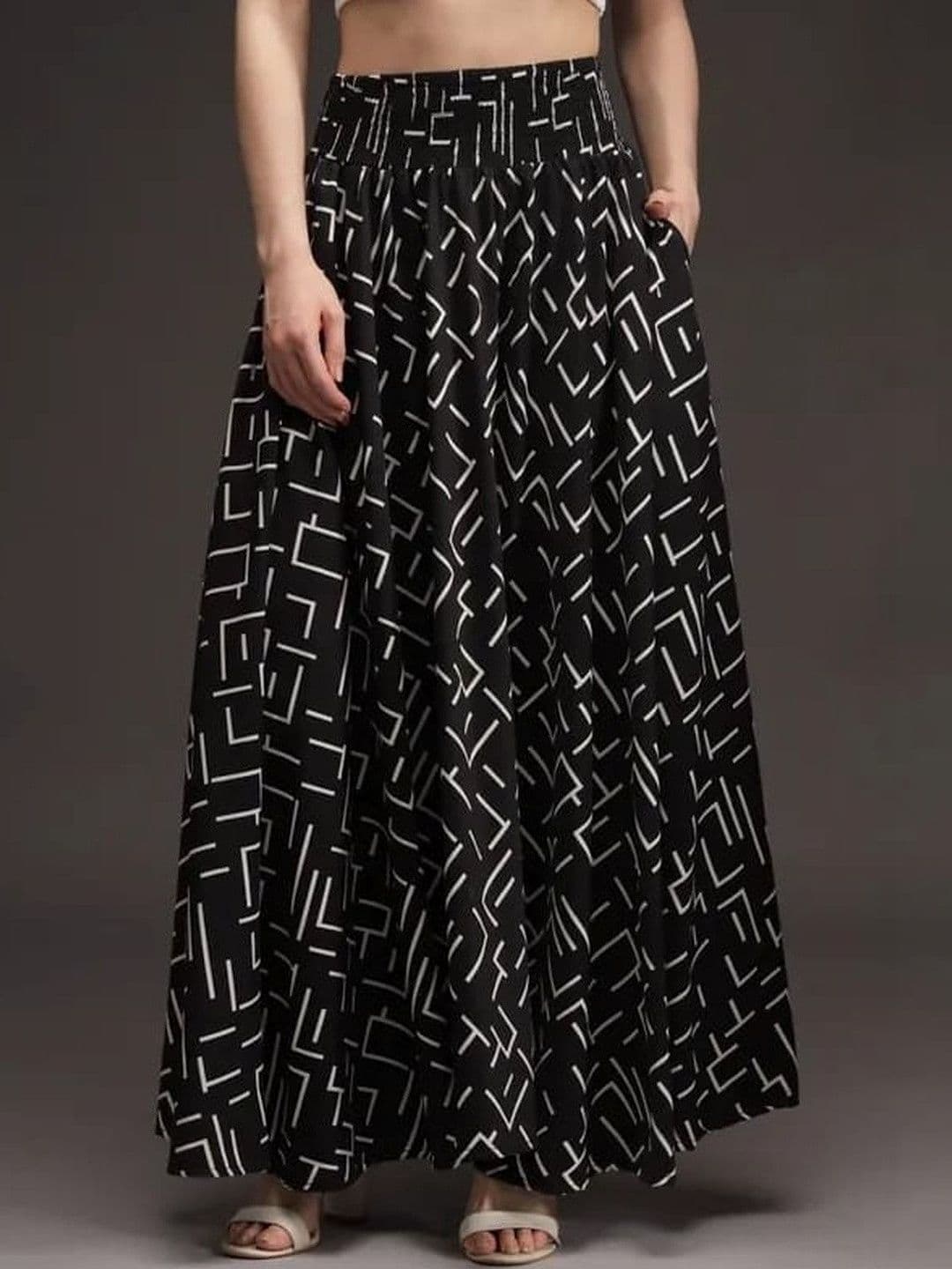 Pink Formal Women Trendy Black & White Abstract Printed Flared Palazzo for Women thumbnail 2