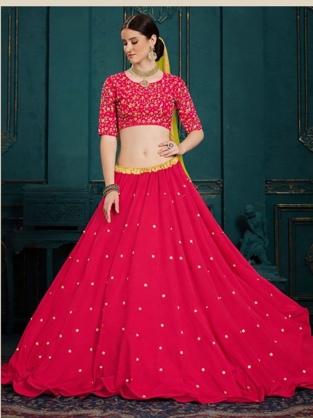 ODETTE Embroidered Thread Work Semi-Stitched Lehenga & Blouse With Dupatta thumbnail 3
