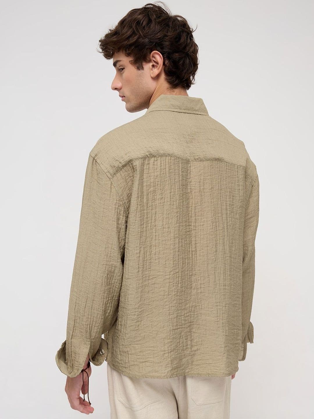 VASTRADO Olive Sheen Crinkled Boxy Fit Crop Shirt thumbnail 2
