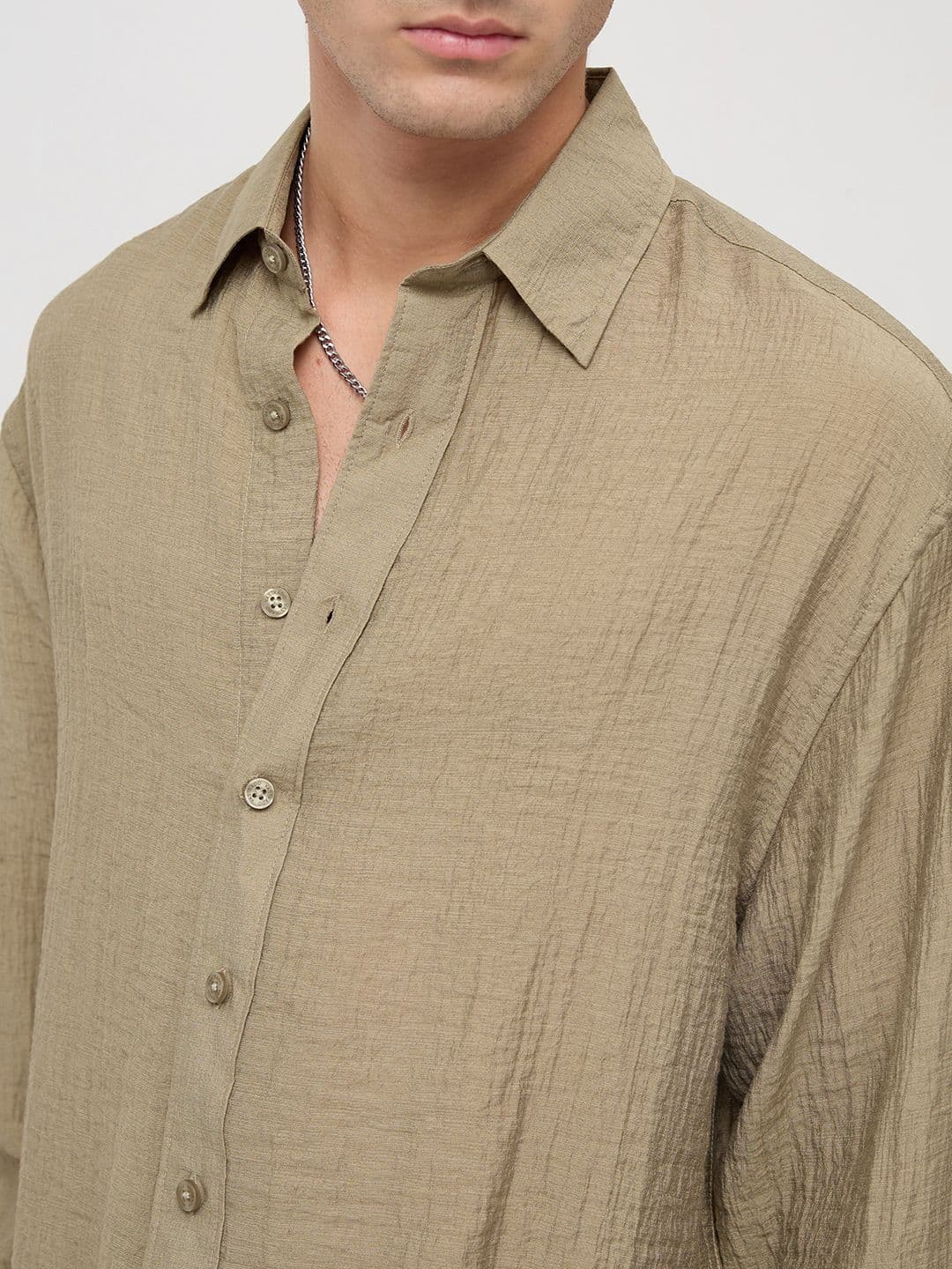 VASTRADO Olive Sheen Crinkled Boxy Fit Crop Shirt thumbnail 3