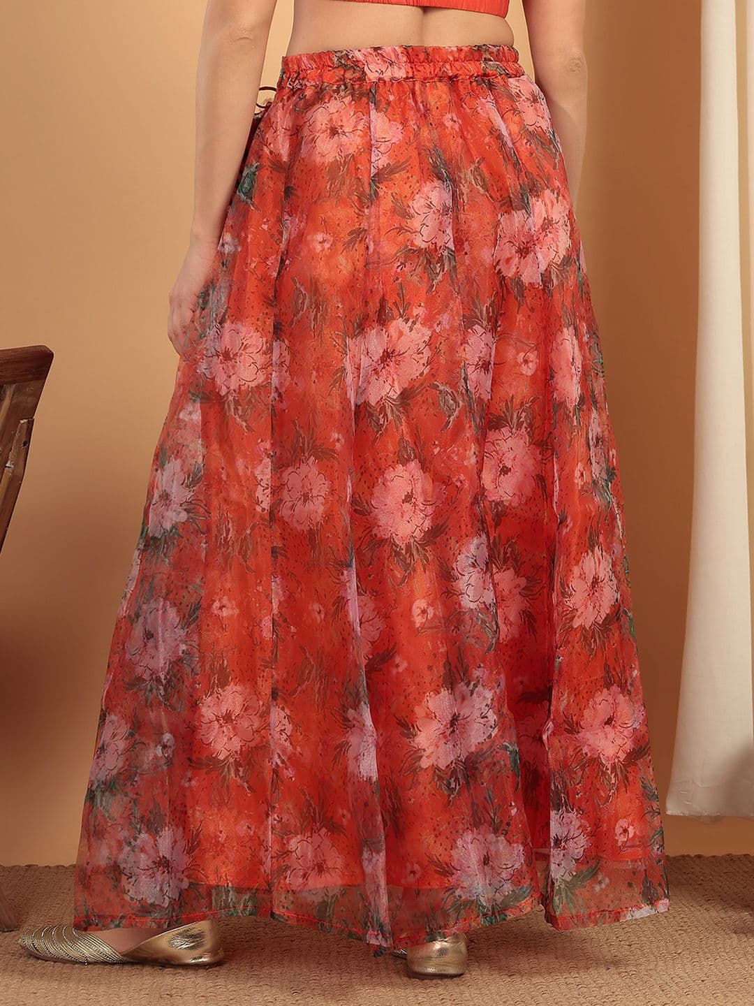 Frolic Rolic Orange Floral Printed Organza Maxi Skirt thumbnail 6
