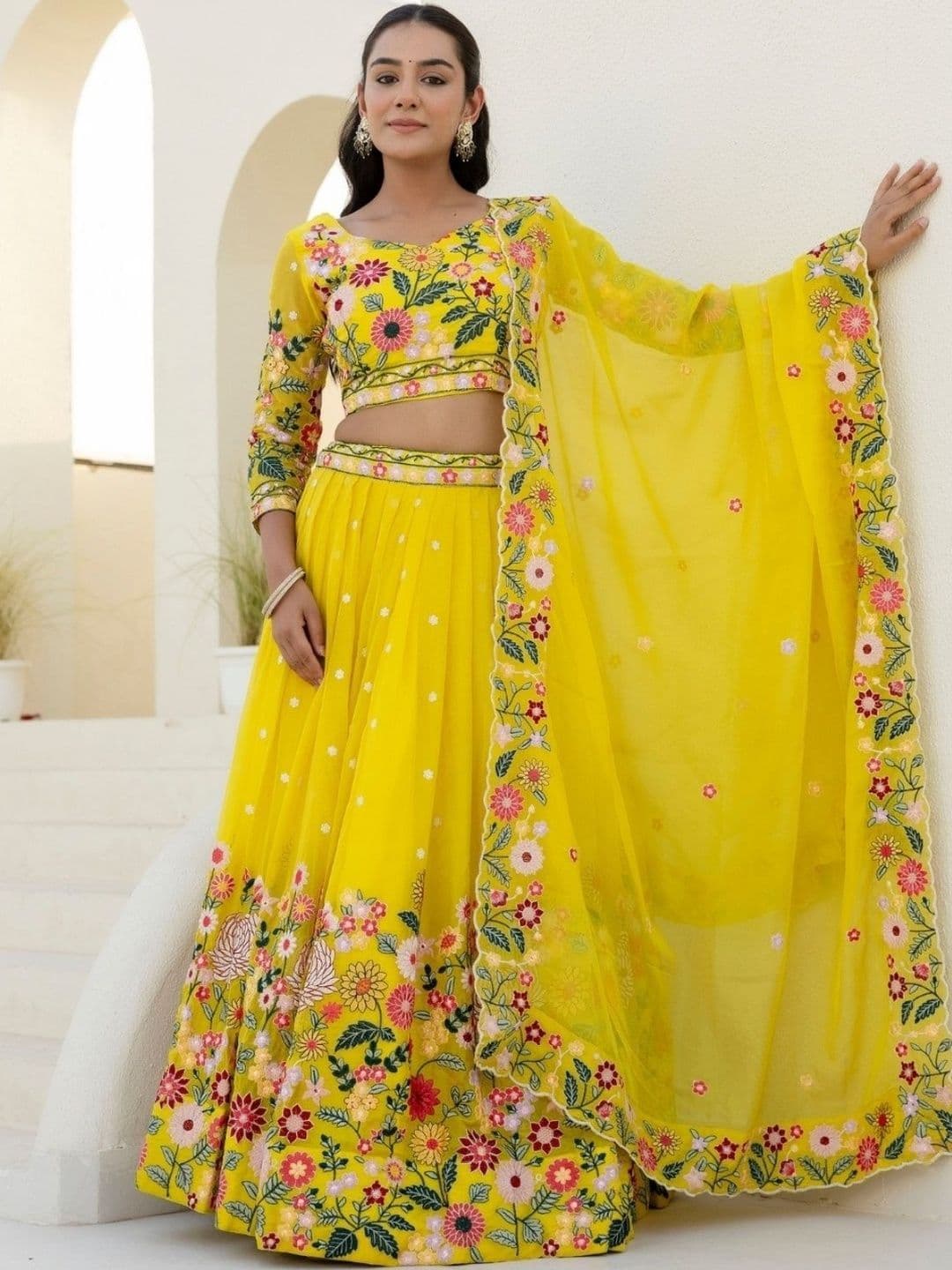 ODETTE Embroidered Thread Work Semi-Stitched Lehenga & Blouse With Dupatta thumbnail 5