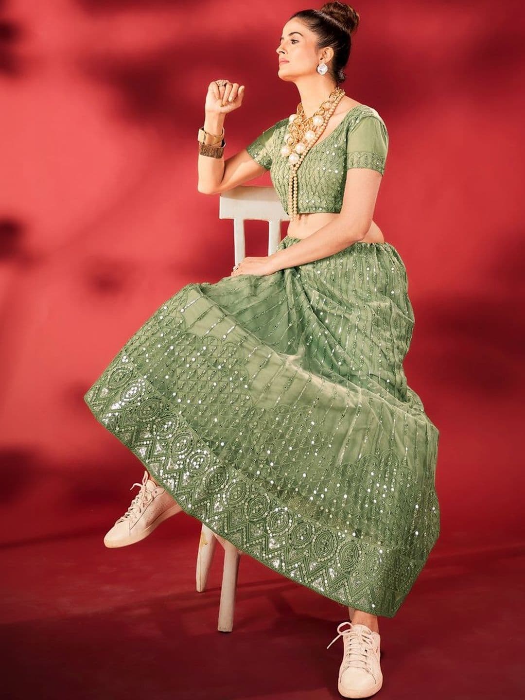 House of Pataudi Embroidered Round Neck Flared Lehenga Choli thumbnail 6