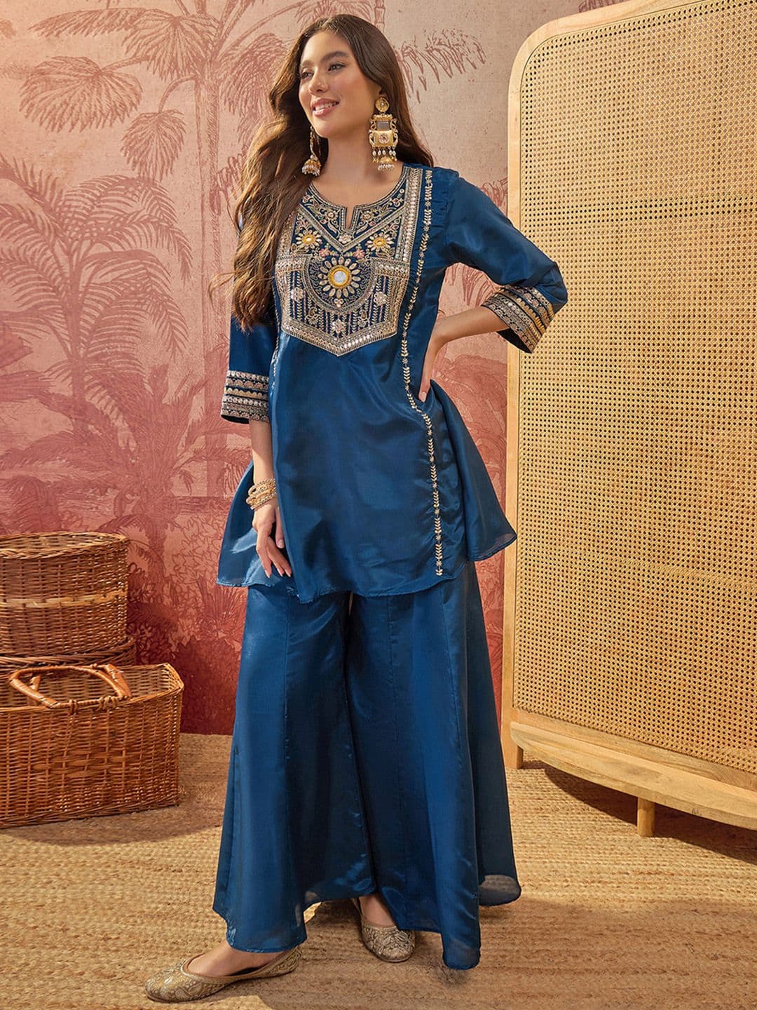 Sangria Embroidered  Round Neck Kurta & Palazzos - view 1