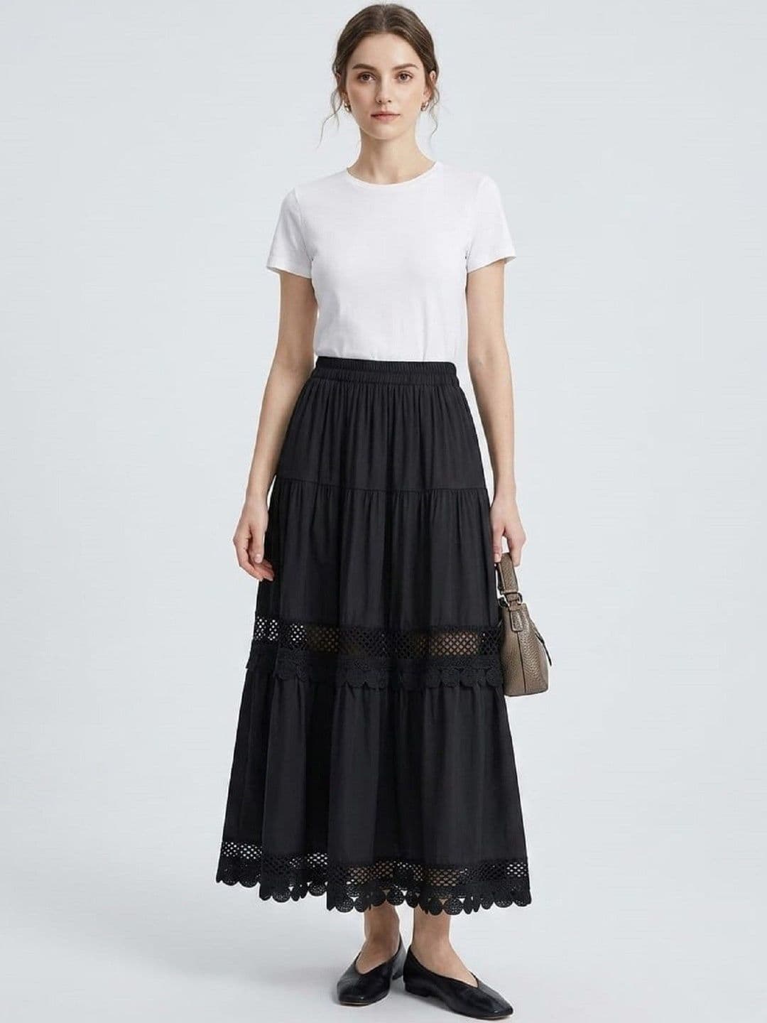 POLLOLOCO Women Cotton Self Design Tiered Midi Tiered Skirt - view 1