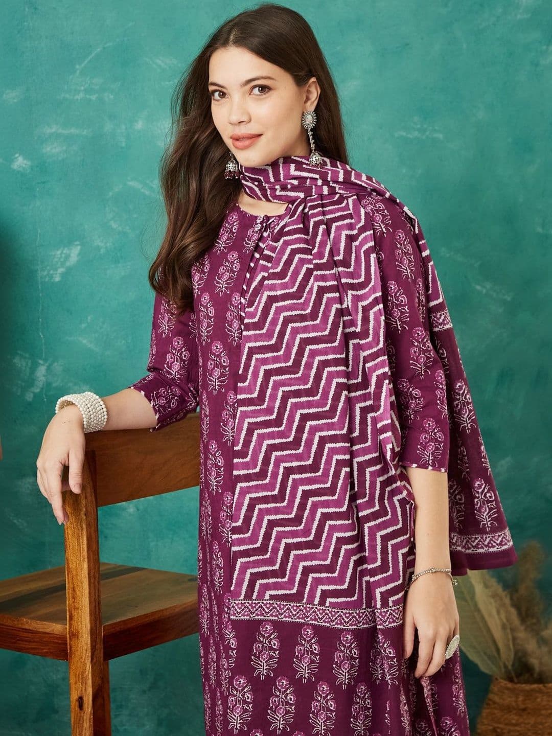 Sangria Printed Cotton Round Neck Kurta & Trousers With Dupatta thumbnail 7